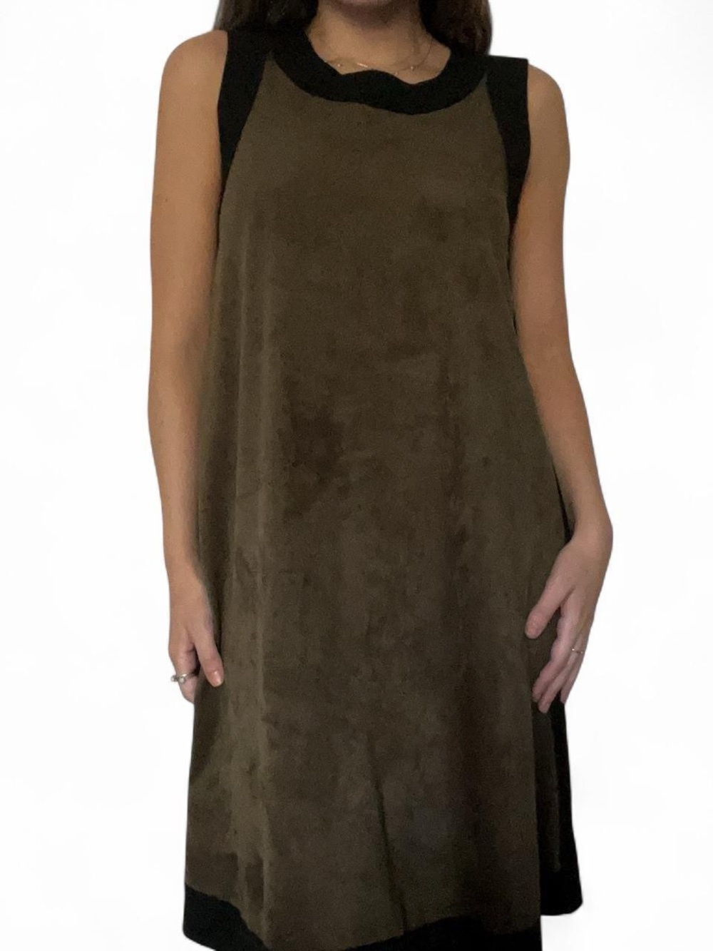 Sleeveless Olive Midi Dress with Black Trim
